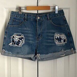 Denim High Rise Cuffed Fringed Hem Distressed Shorts Size L see measurements
